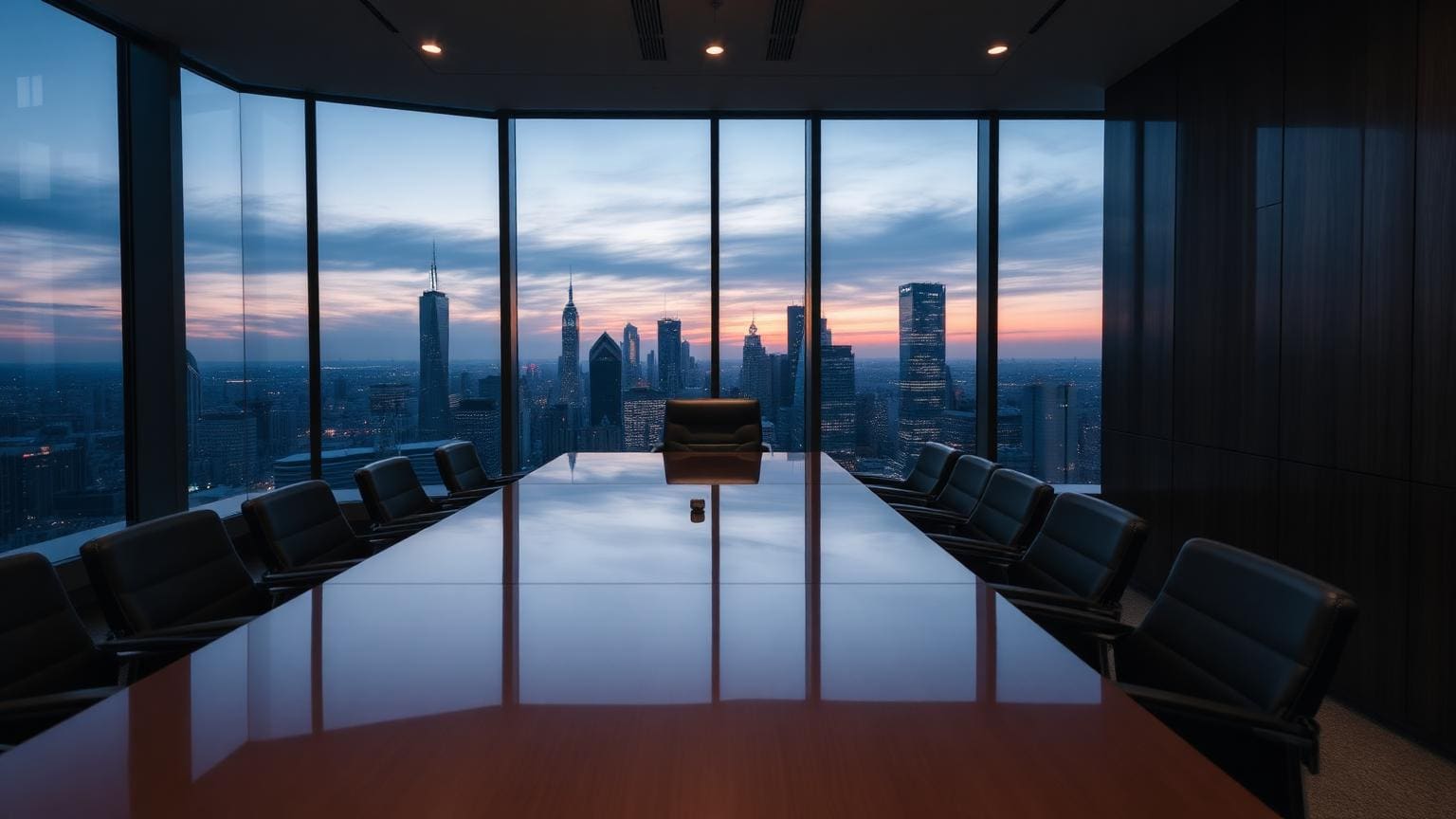 A sleek private boardroom with a long polished table and floor-to-ceiling windows overlooking a city skyline at dusk.