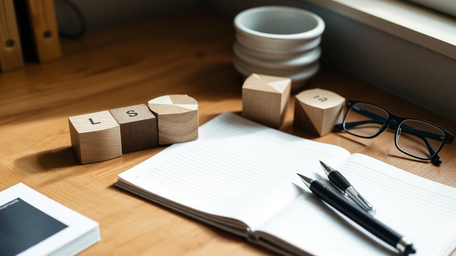Wooden pie-chart blocks arranged on a desk beside an open notebook, a pen and reading glasses.