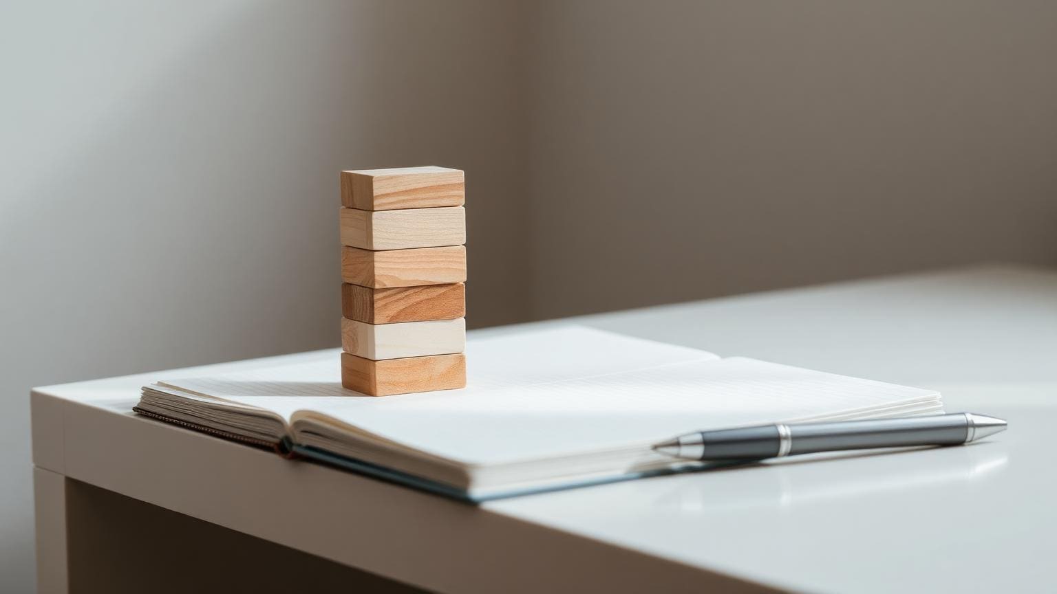 A neat stack of wooden building blocks resting on an open notebook on a clean desk.