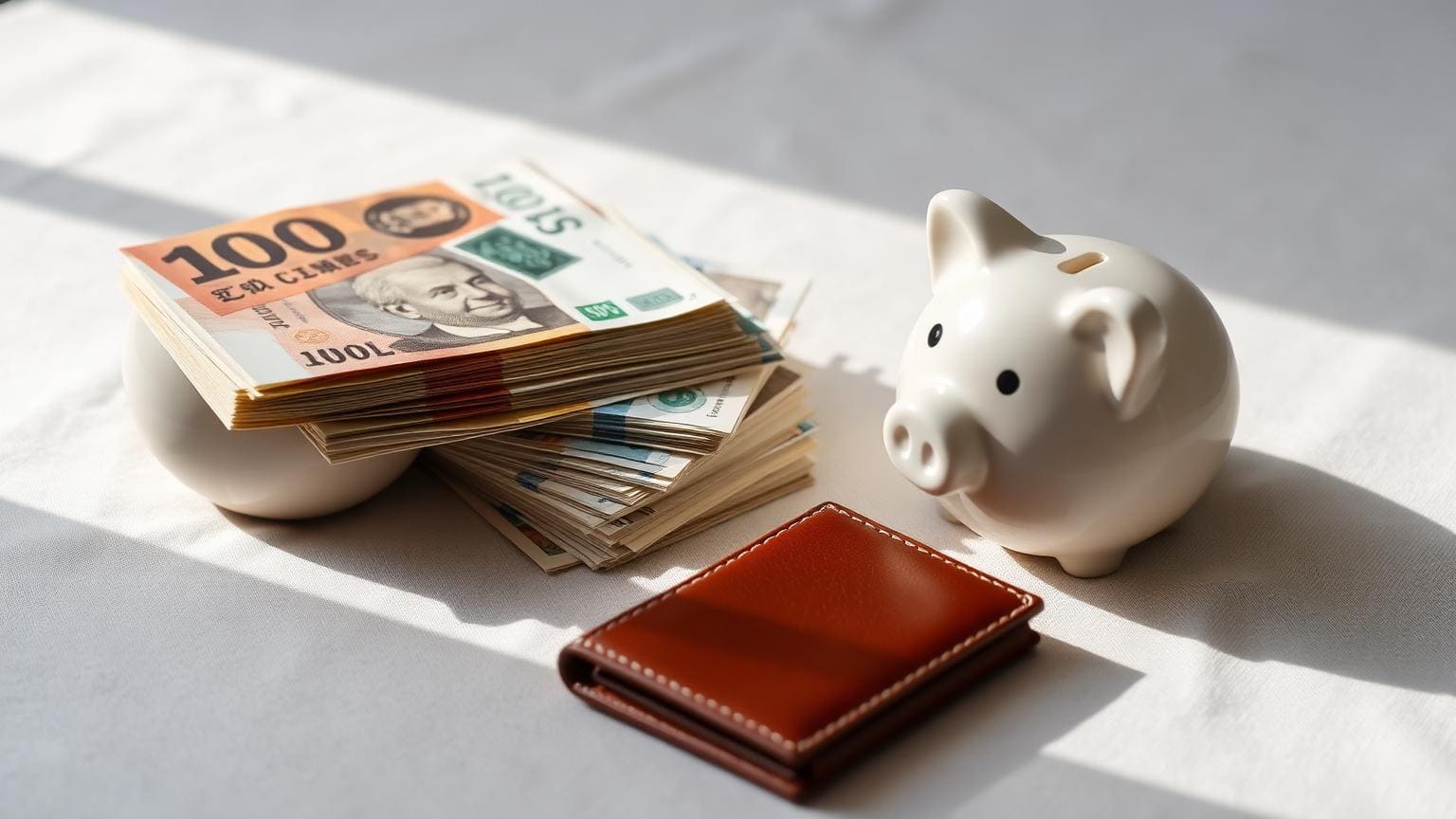 A neat stack of banknotes beside a ceramic piggy bank and a closed leather wallet on a linen surface.