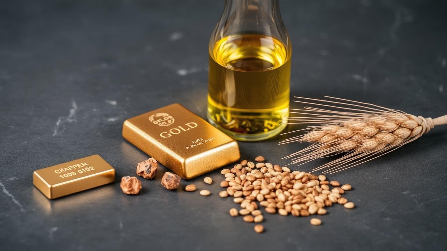 A still life of a small gold bar, copper nuggets, a vial of crude oil and a handful of wheat grains on a slate background.