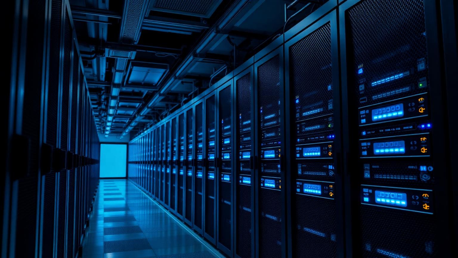 A modern data centre corridor with rows of servers and glowing blue indicator lights.