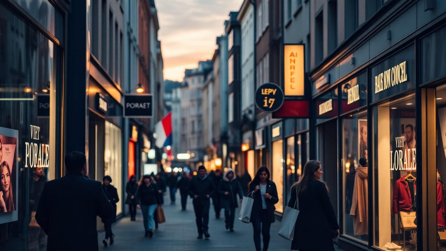 A busy shopping high street at dusk with warmly lit shop windows and pedestrians carrying bags.