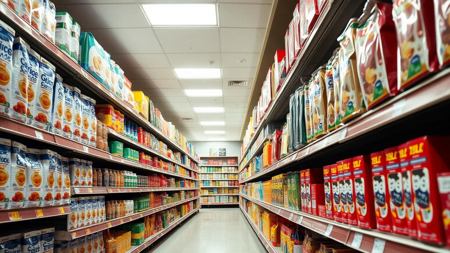 A supermarket aisle from a low angle with neatly stocked shelves of packaged goods.