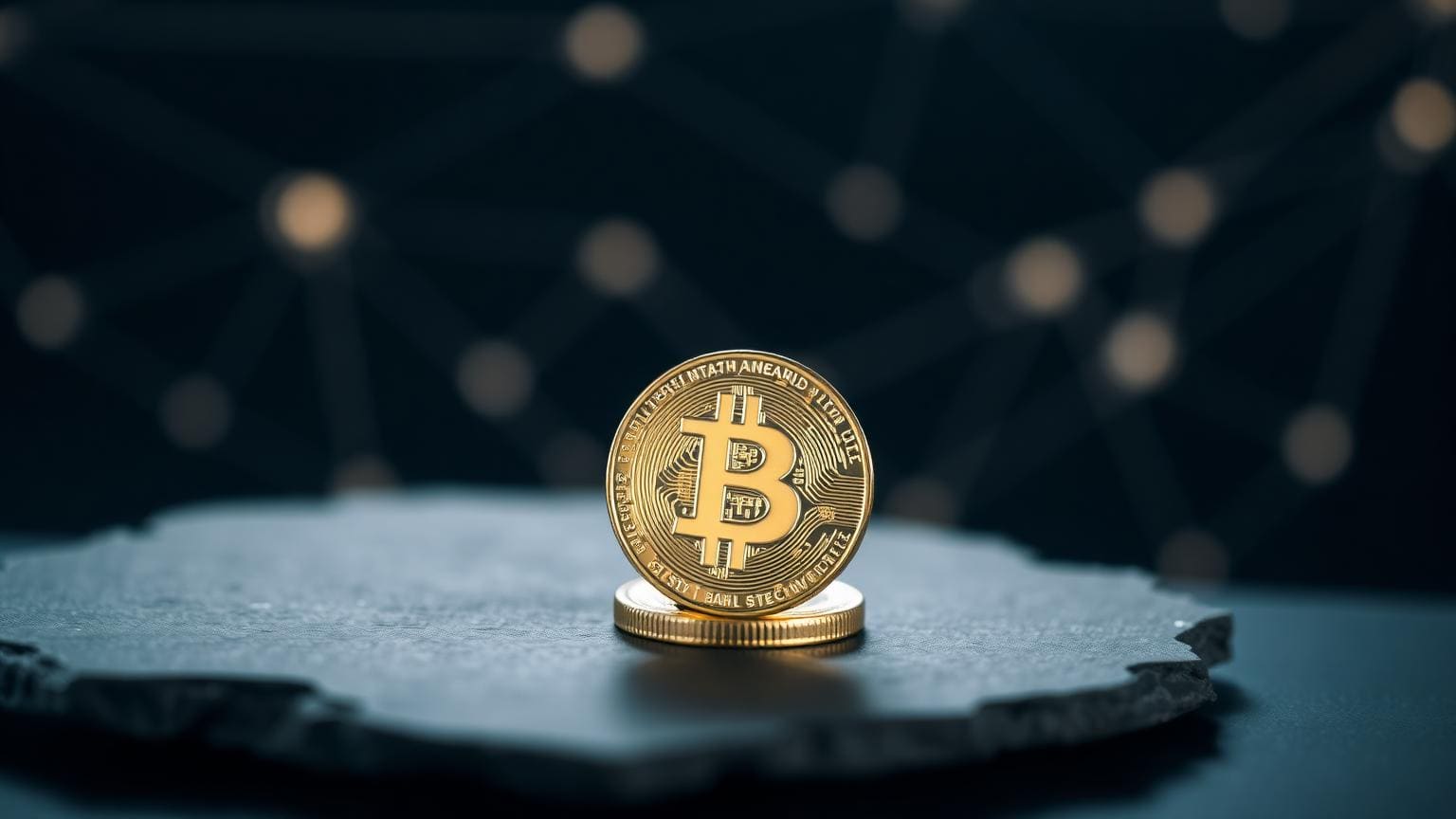 A single abstract metal coin on a dark slate surface with faint network-line bokeh in the background.