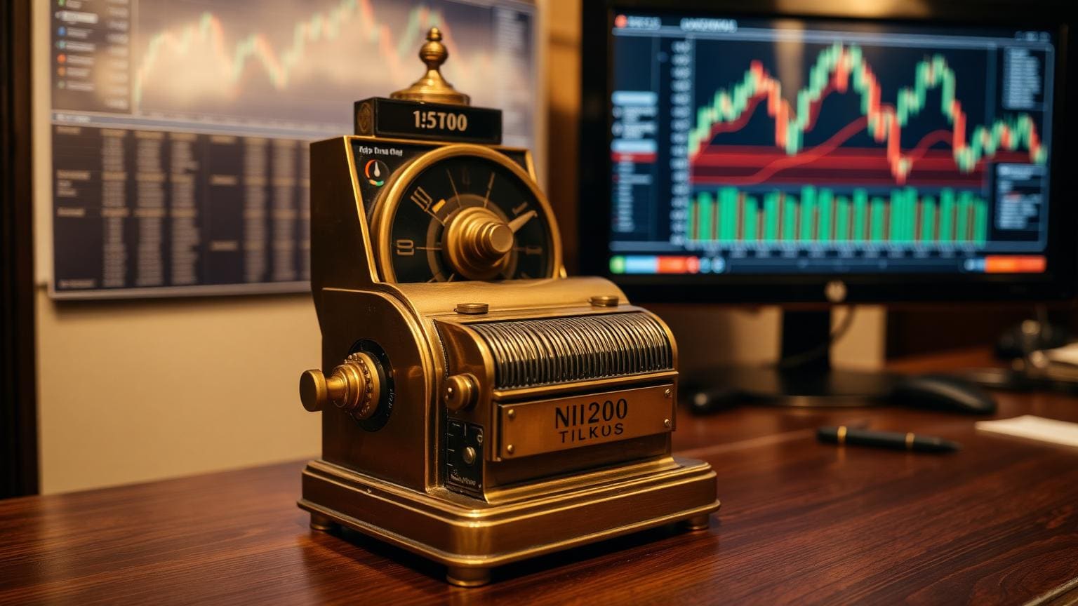 A vintage brass stock ticker machine sat next to a modern chart monitor.