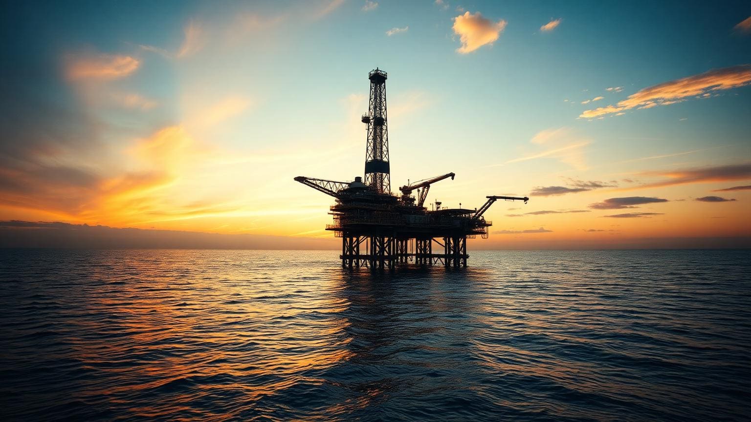 An offshore oil platform silhouetted against a sunset sky.