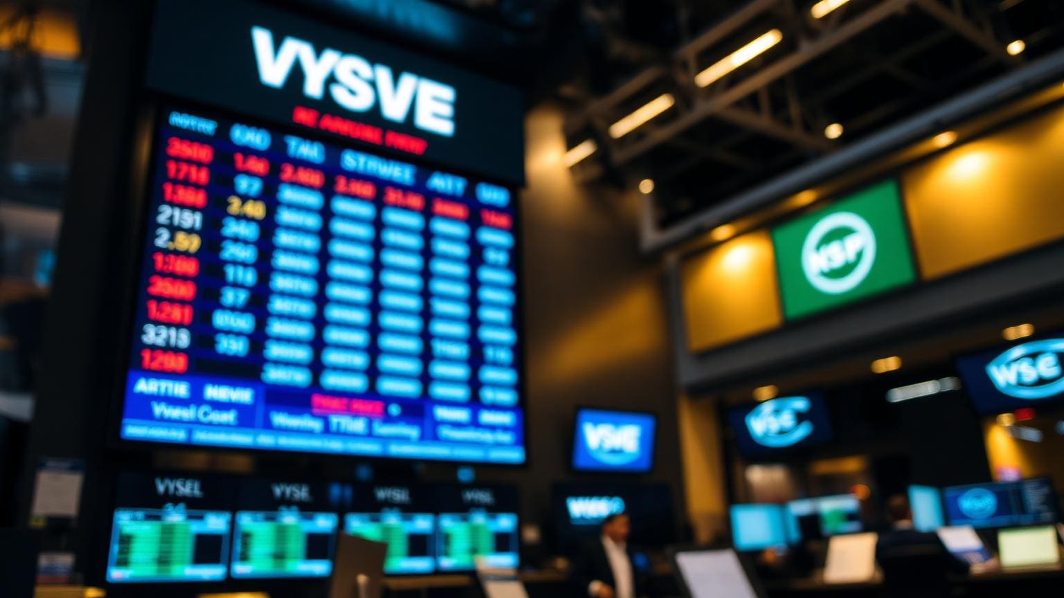 A calm trading floor scene with an electronic share-price board glowing in the background.