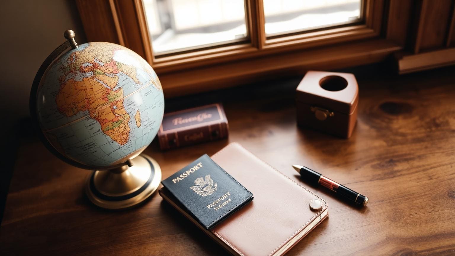 A vintage world globe on a wooden desk beside a passport and a leather notebook.