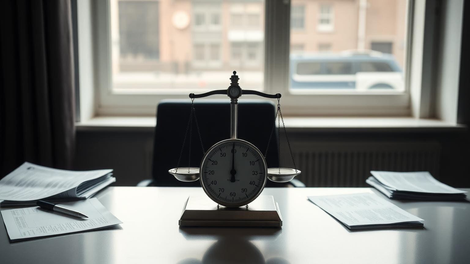 A balance scale set on a clean office desk with paperwork on either side.
