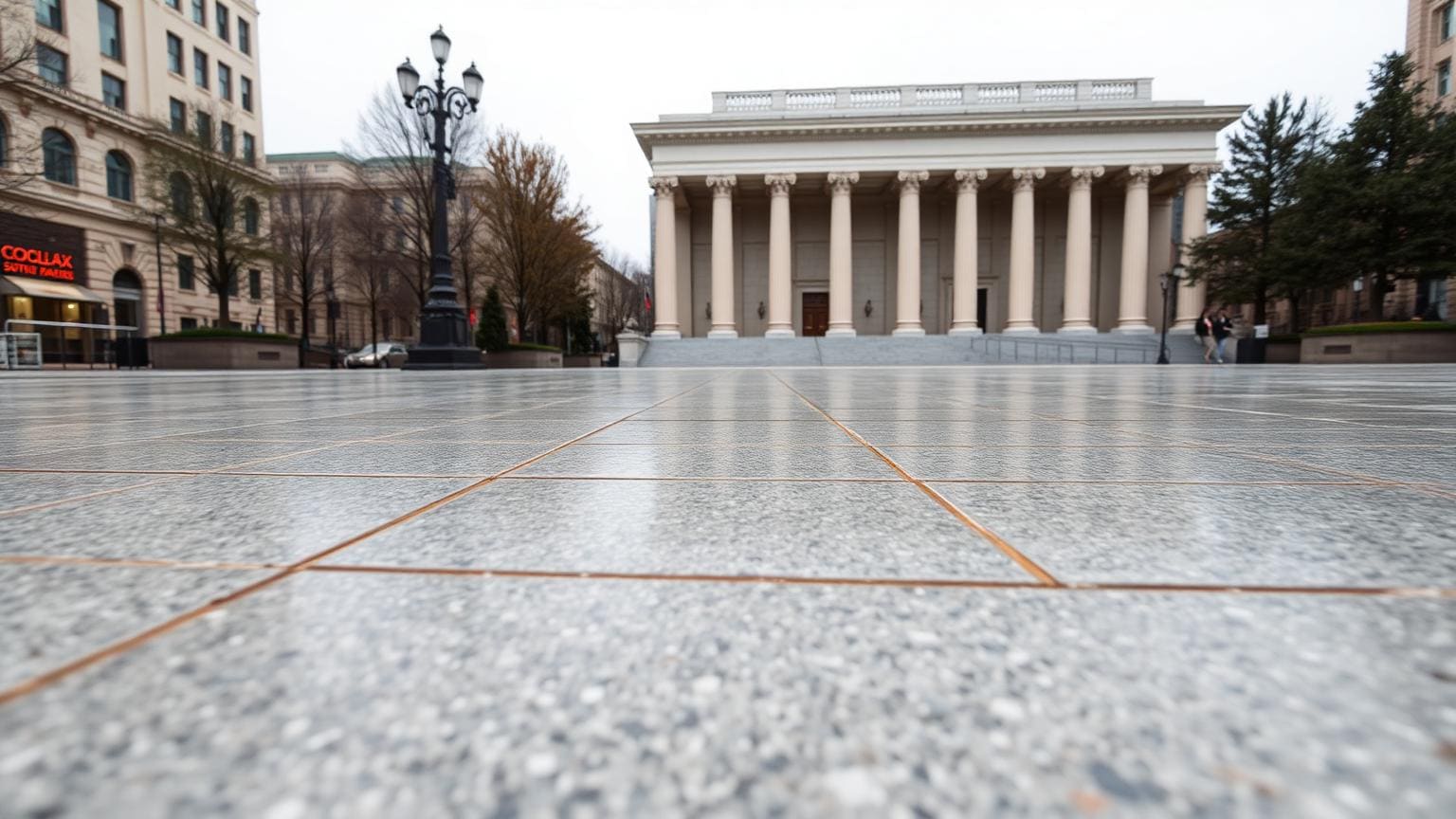 A polished financial district plaza with classical bank columns in the background.