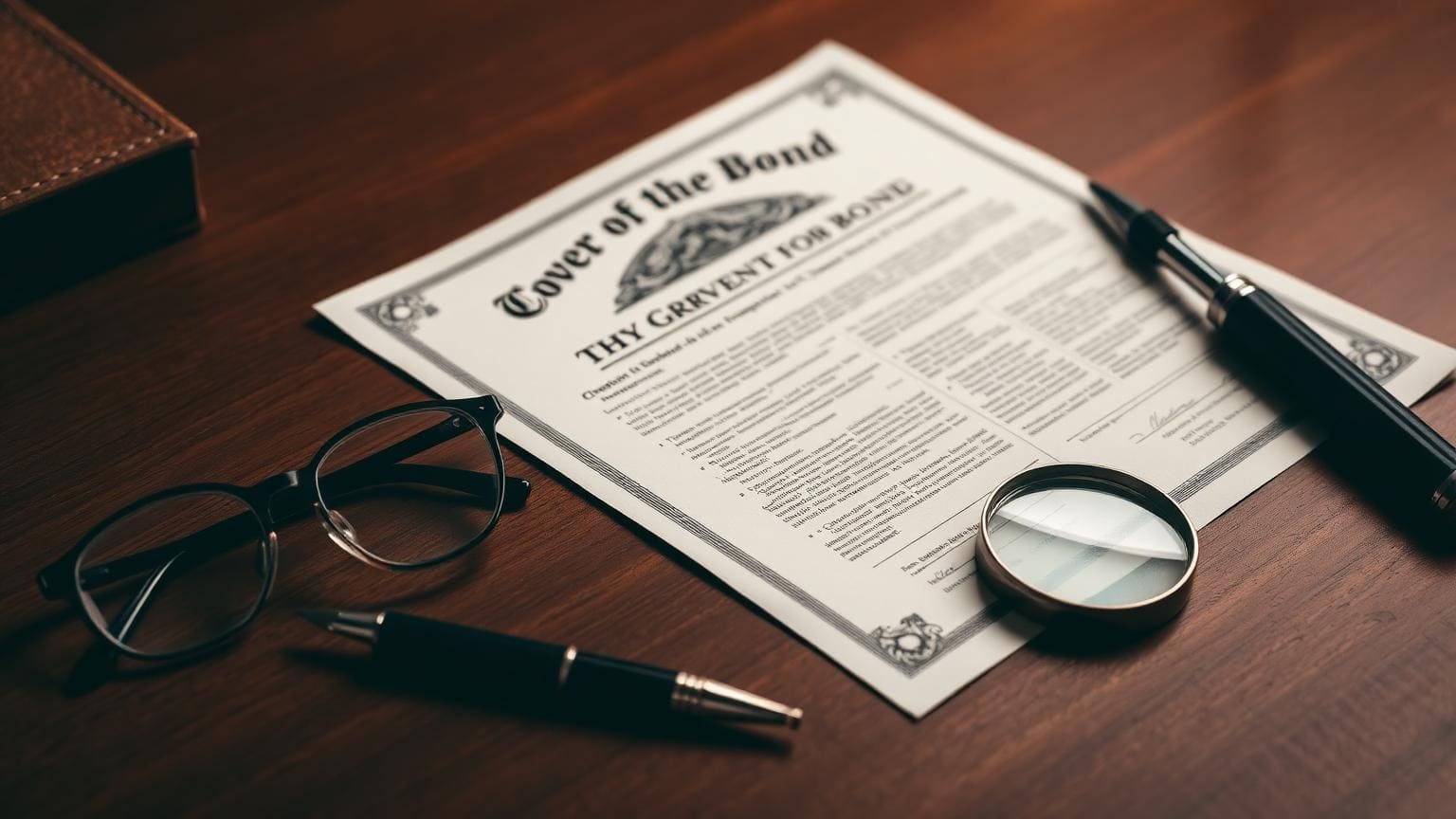 A vintage government bond certificate on a polished wooden desk with reading glasses and a fountain pen.