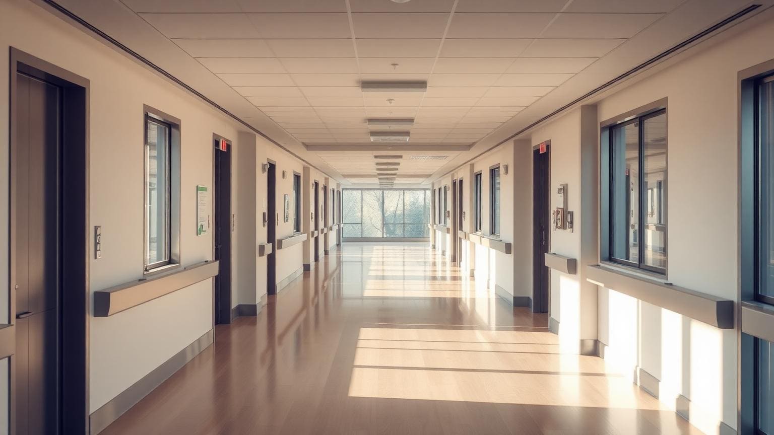 A modern hospital corridor flooded with soft natural daylight.