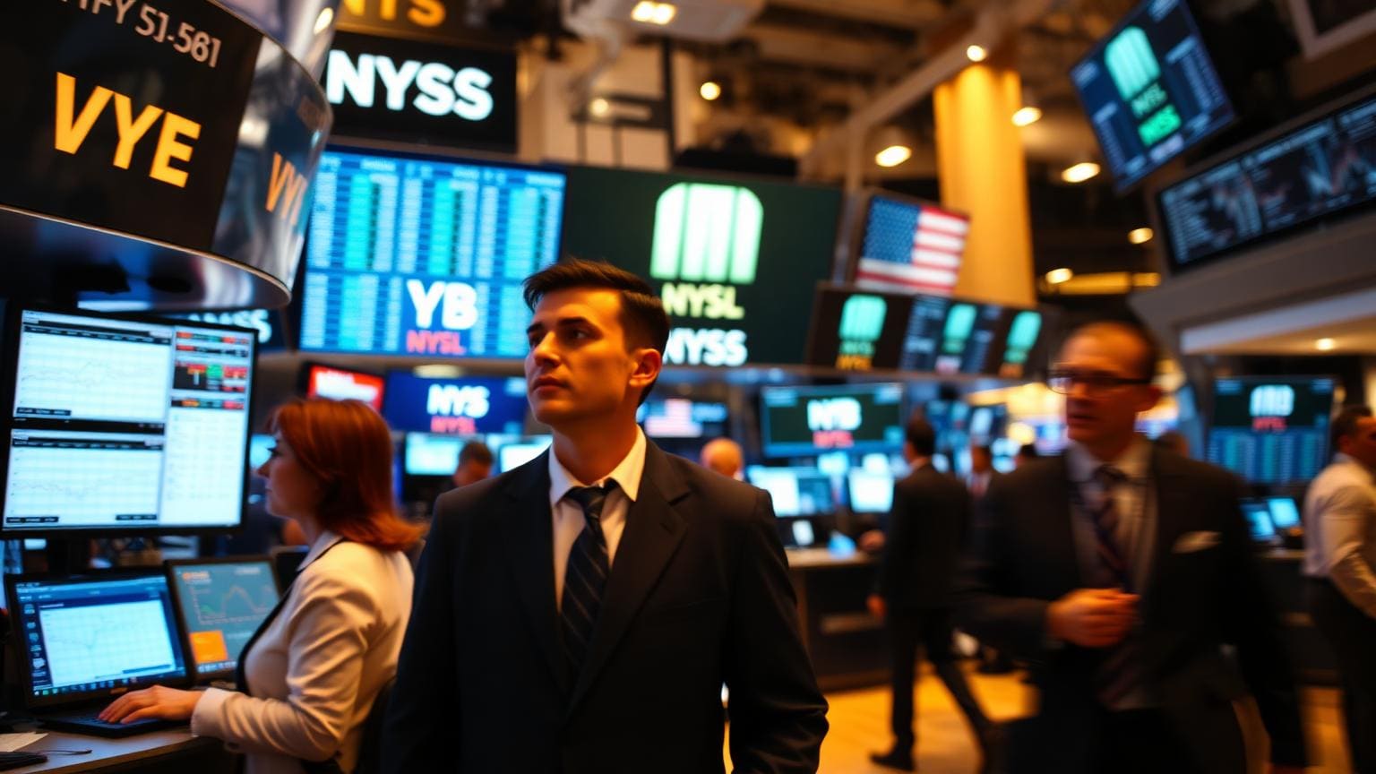 A modern stock exchange floor with specialists watching screens, warm ambient light.