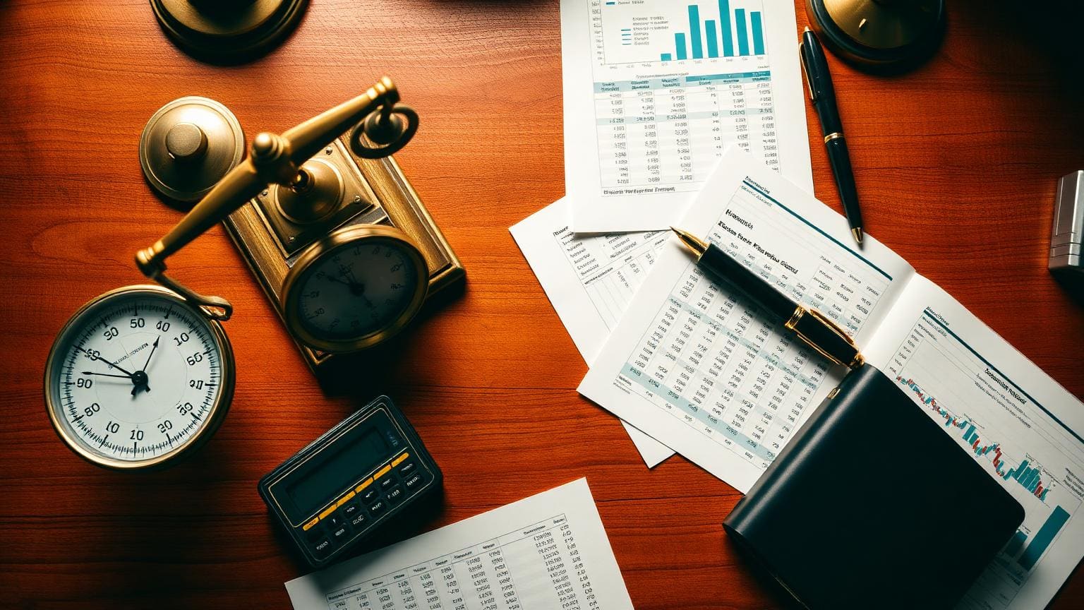 An analyst’s desk with weighing scales, a calculator and financial spreadsheets.