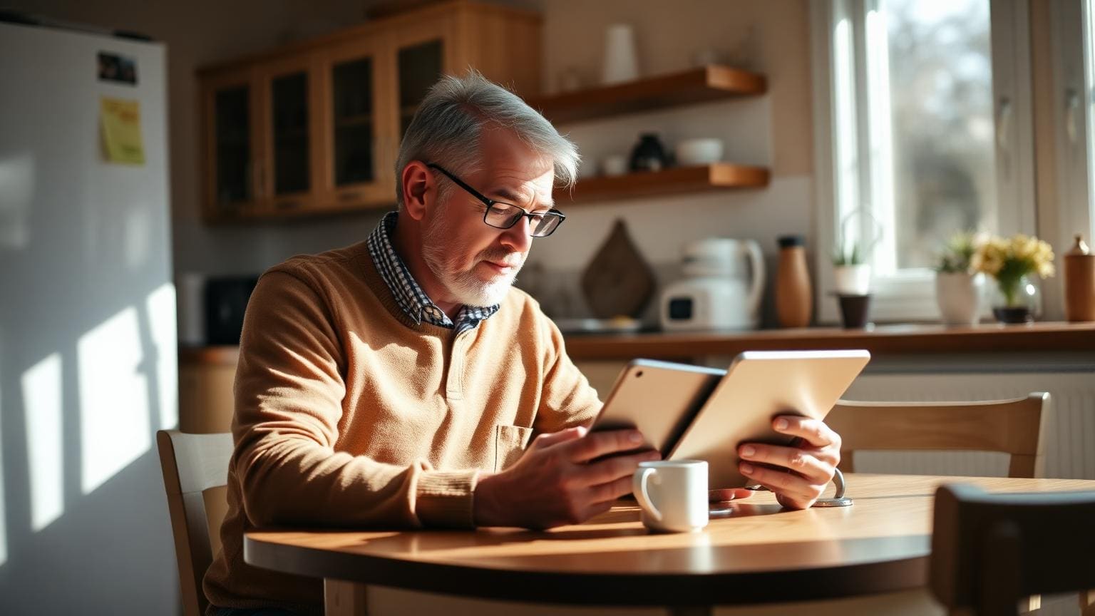 A middle-aged man in glasses reviewing investments on a tablet at a sunlit kitchen table.