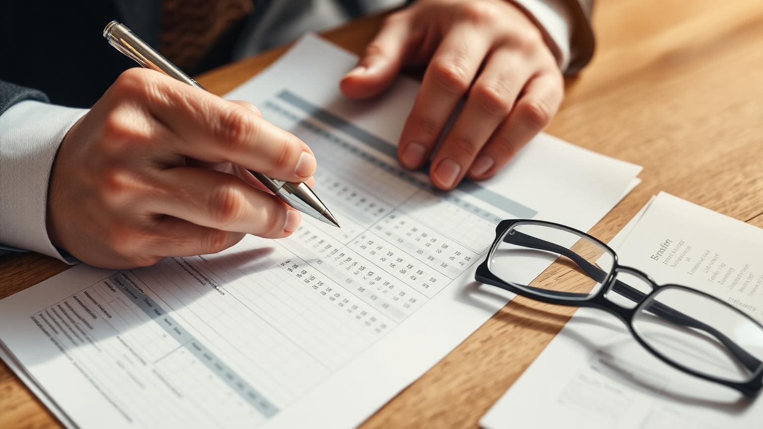 Close-up of an analyst’s hands reviewing a printed fund fact sheet with reading glasses beside them.