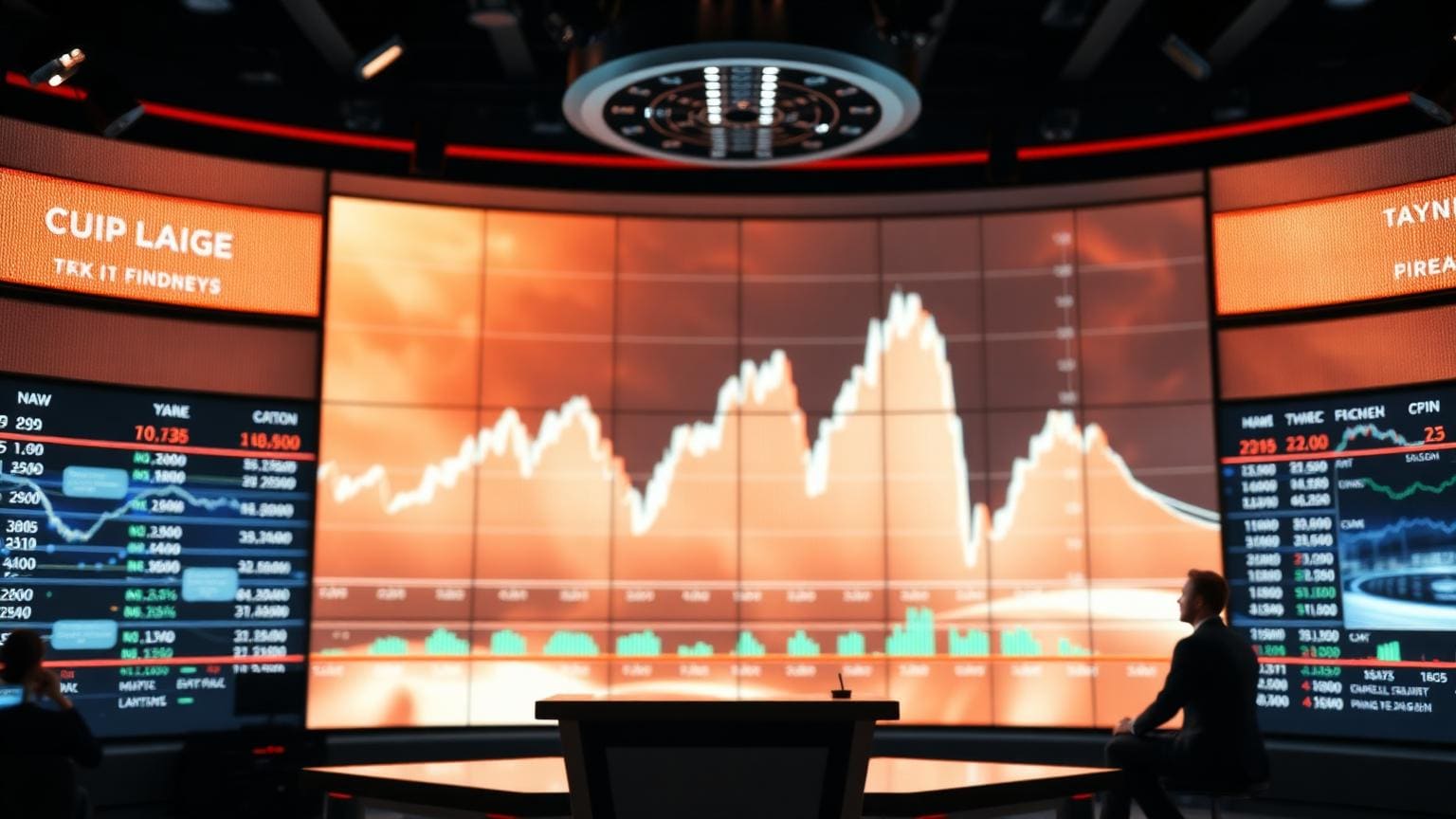 A financial television newsroom set with a market chart on a large screen.