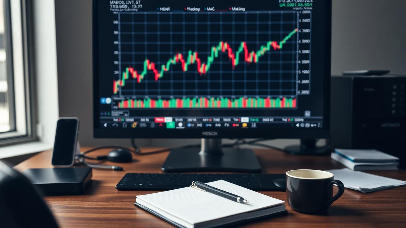 A market index chart on a sleek monitor sitting on a tidy analyst workspace.