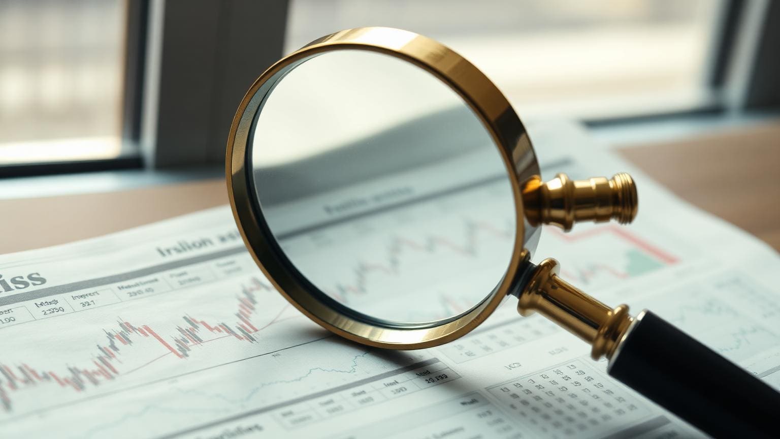 A brass magnifying glass resting on a printed financial newspaper.