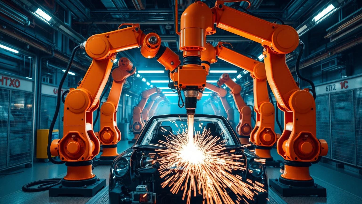 Orange robotic arms welding a car chassis on a factory production line.