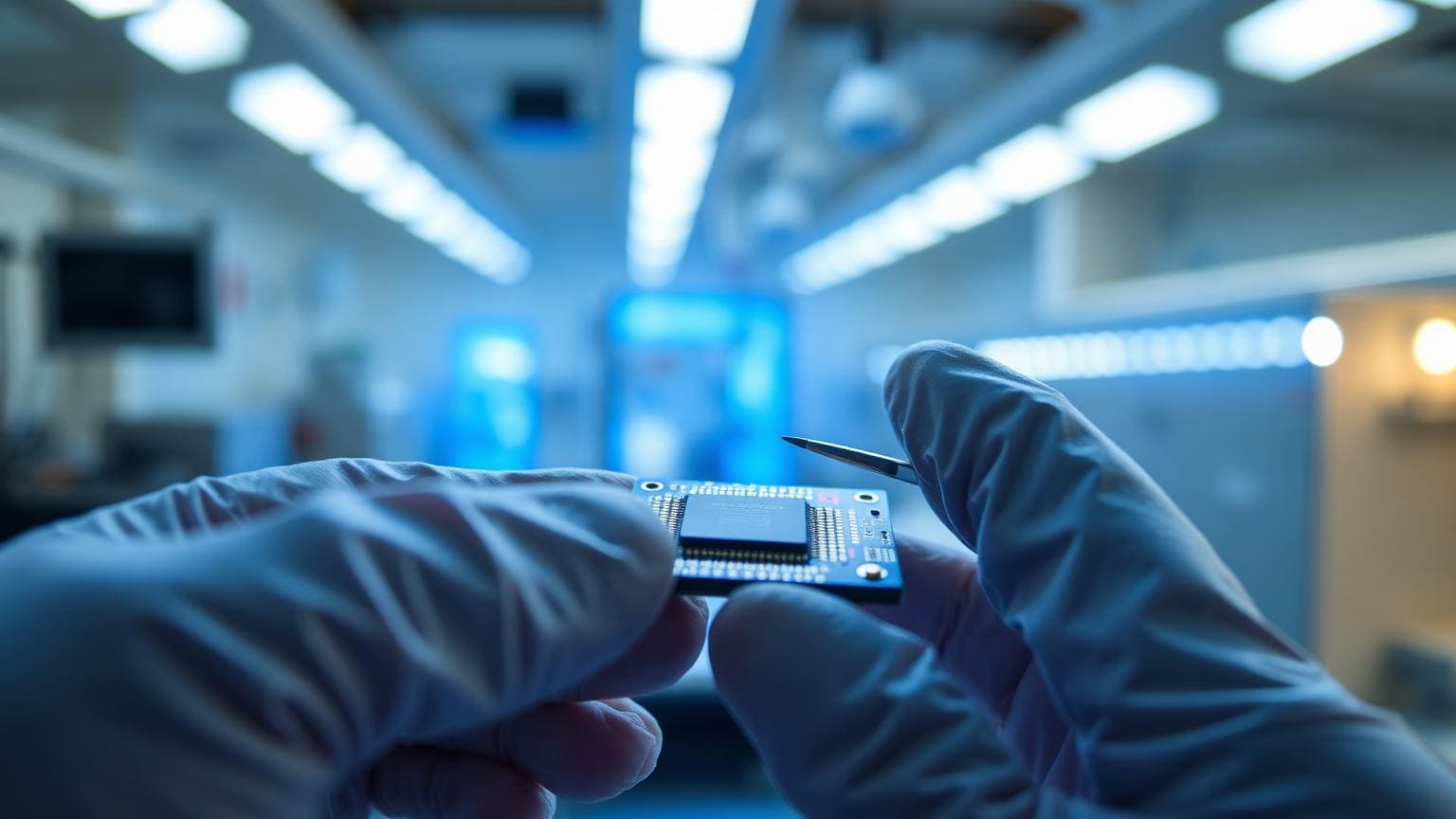 A gloved hand inspecting a silicon semiconductor chip with tweezers in a clean room.