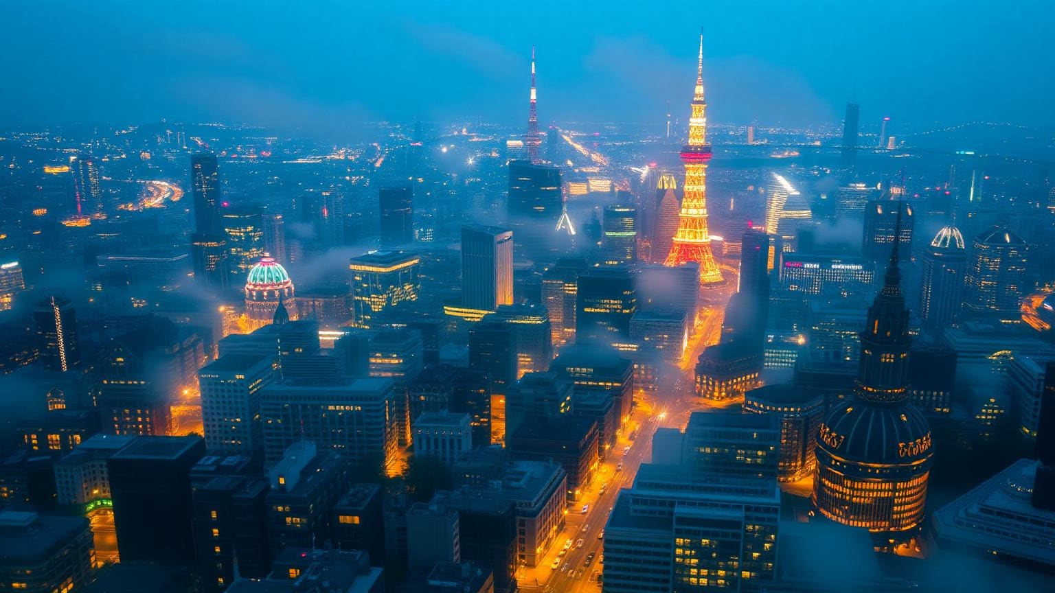 A composite aerial view of international financial district skylines at blue hour.