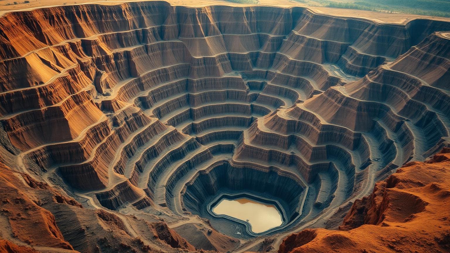 An aerial view of a terraced open-pit copper mine in warm ochre tones.