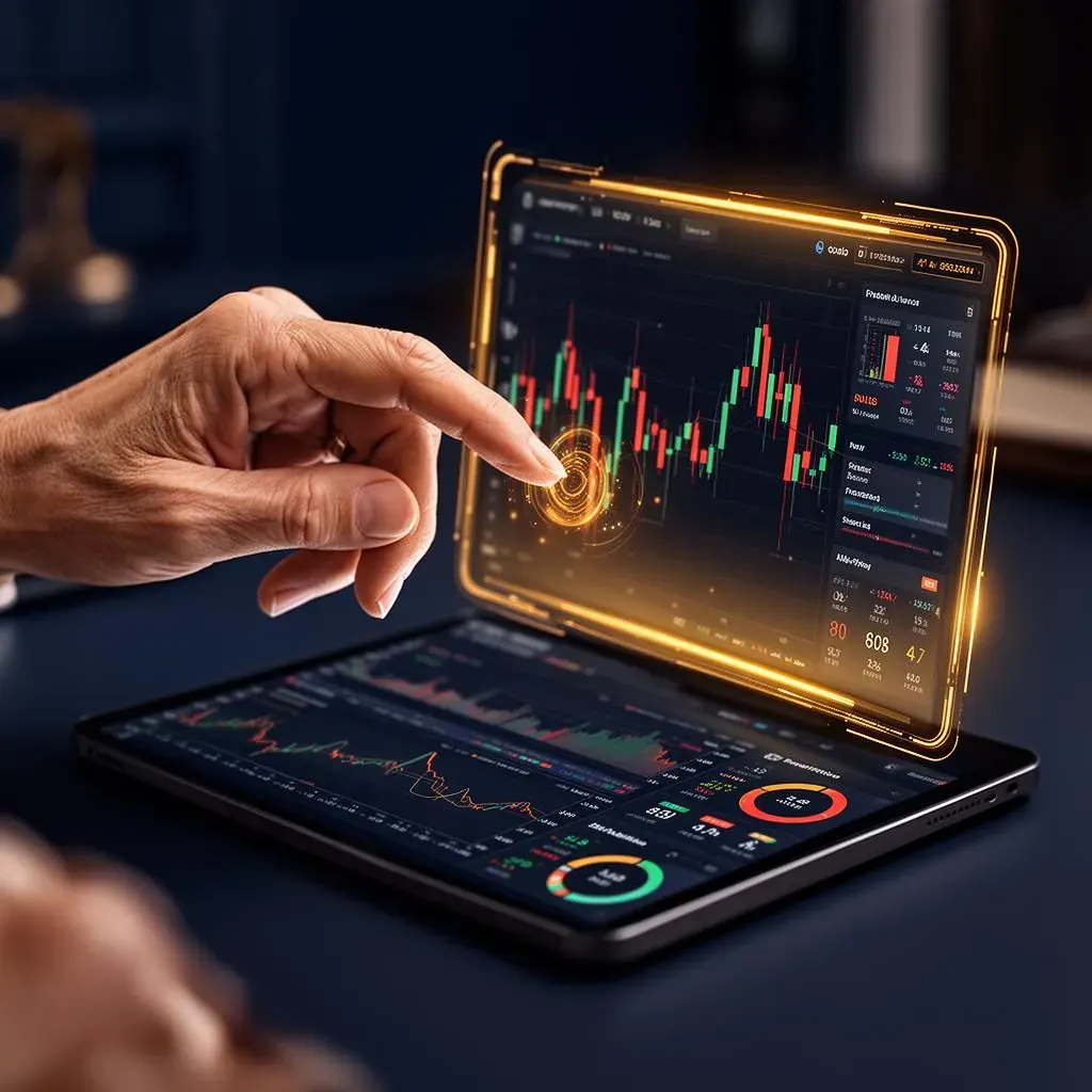 A trader interacting with an AI-powered trading dashboard showing live charts and portfolio analytics.