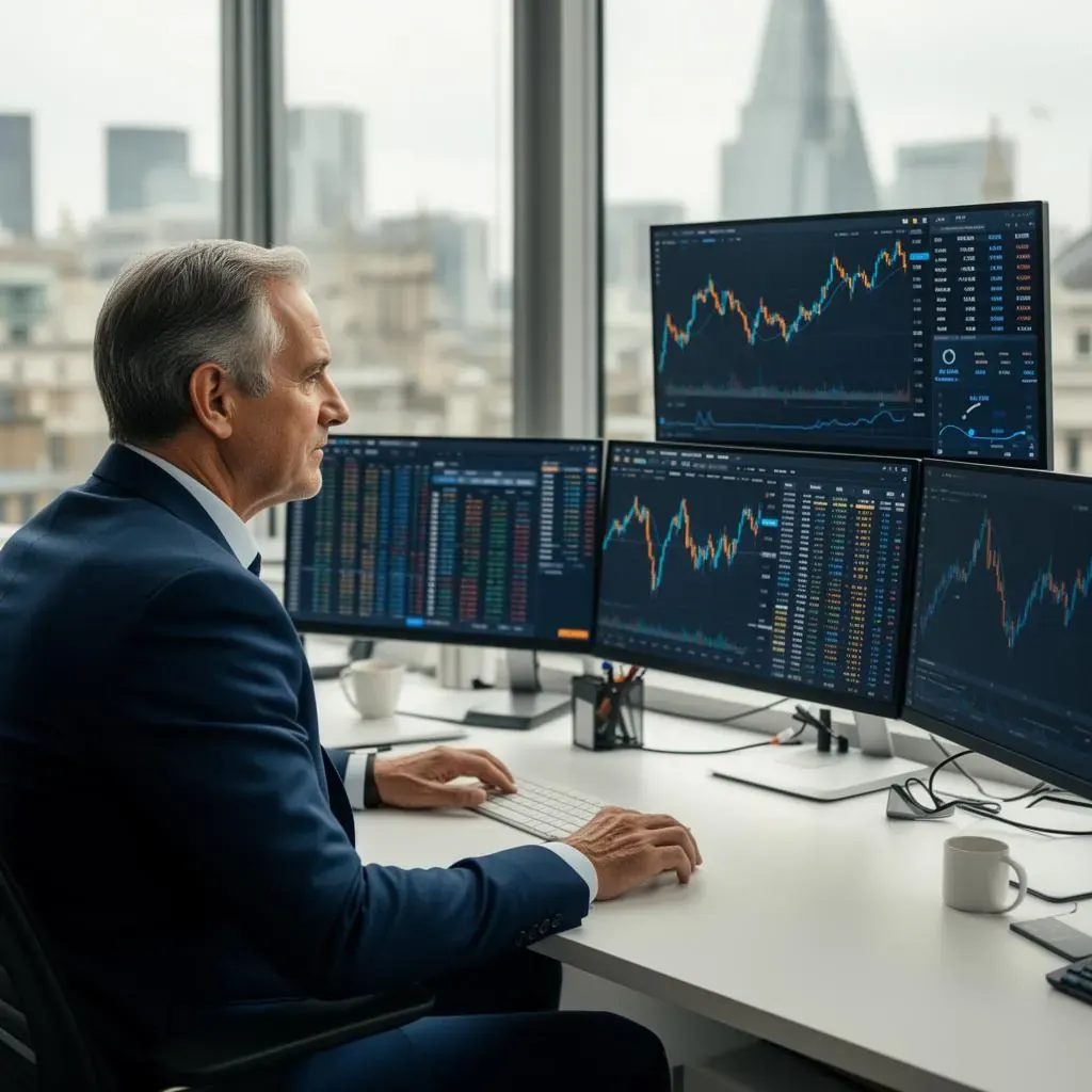 A senior trader monitoring AI-driven analytics.