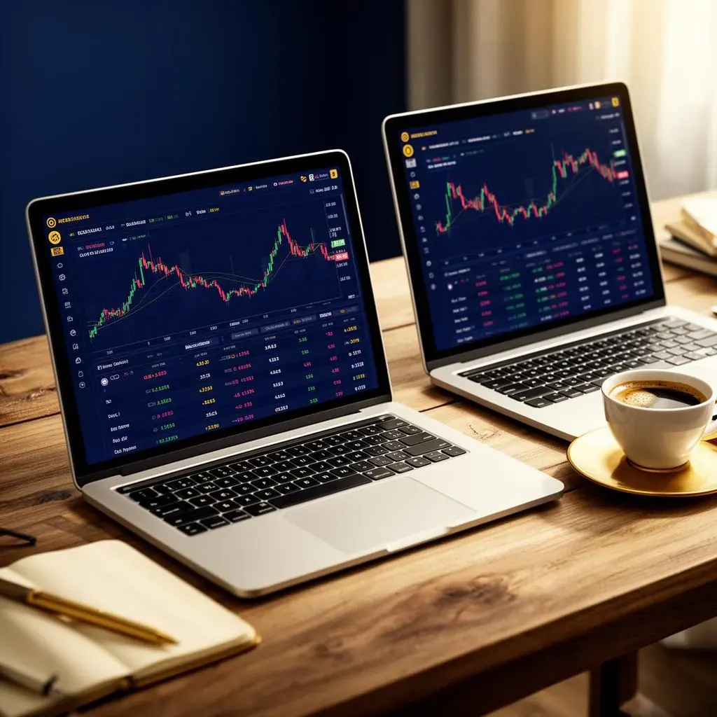 Two laptops side by side comparing different AI trading platforms with charts and metrics.