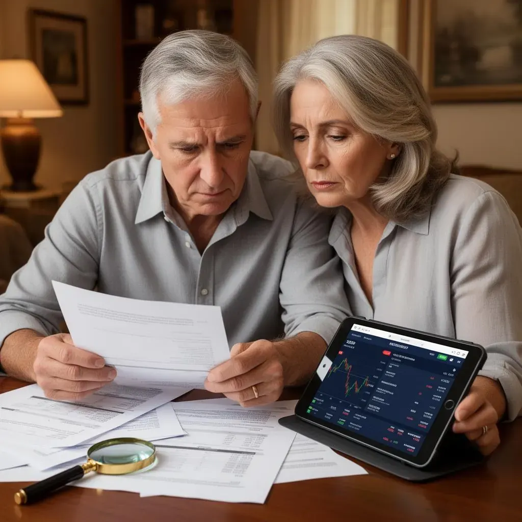 A mature couple carefully reviewing financial documents and a tablet showing trading platform terms.