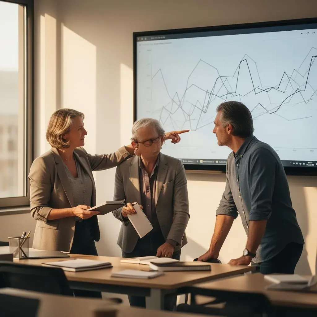 Adults studying market data in a learning session.