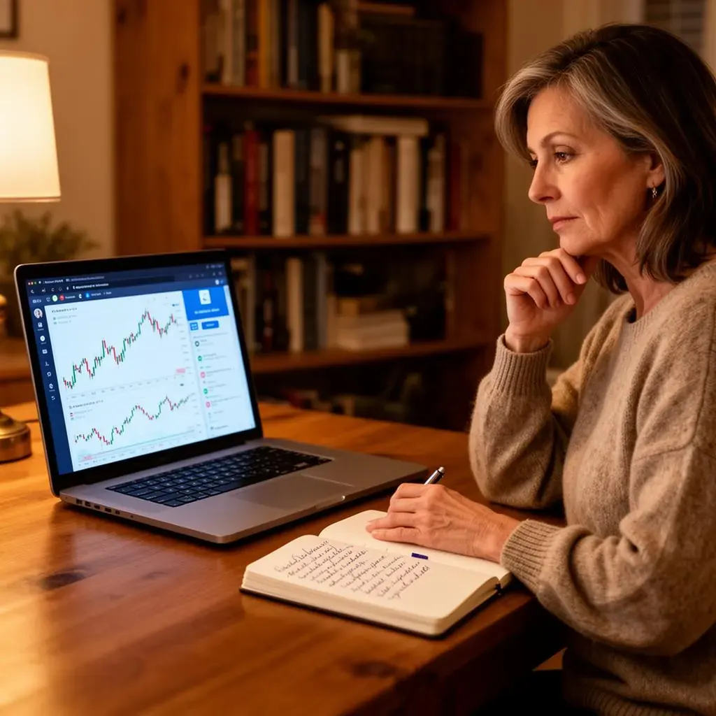 A woman in her 40s studies a trading platform on a laptop while taking notes in a cosy home office.