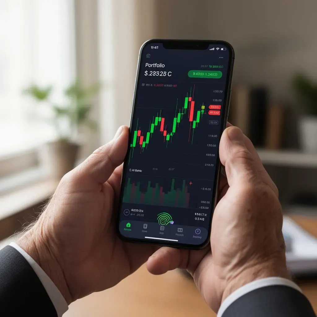 A trader checking a mobile trading app while reviewing platform options on a laptop.