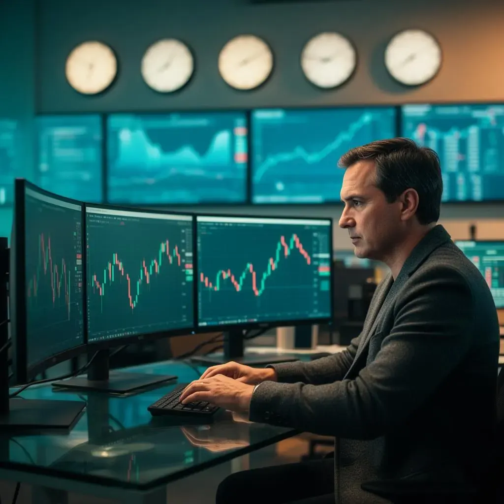 A modern financial newsroom at market close.