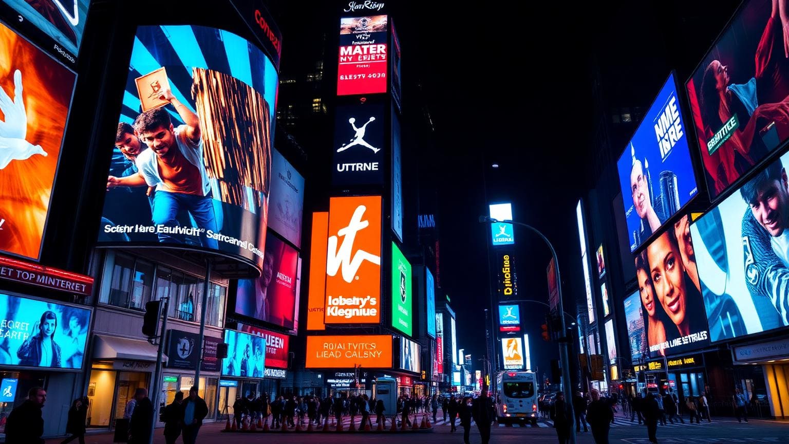A New York intersection at night with large illuminated digital screens.