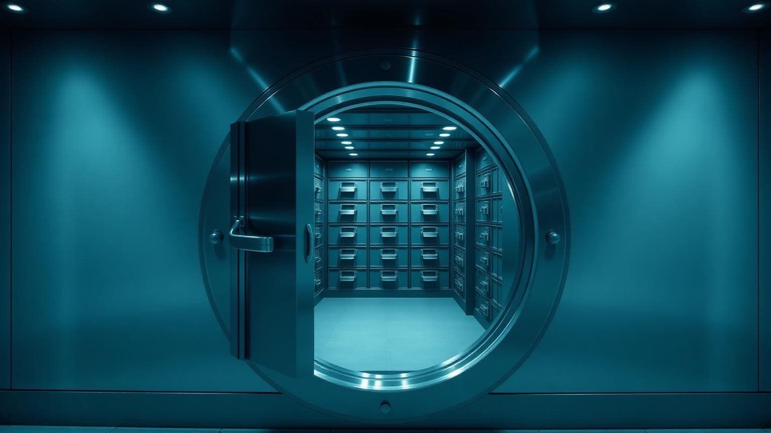 A bank vault door slightly ajar revealing organised safety deposit boxes inside.