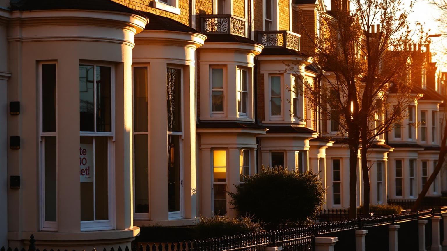A sunlit row of Georgian-style terraced houses at golden hour with a small "to let" sign visible.