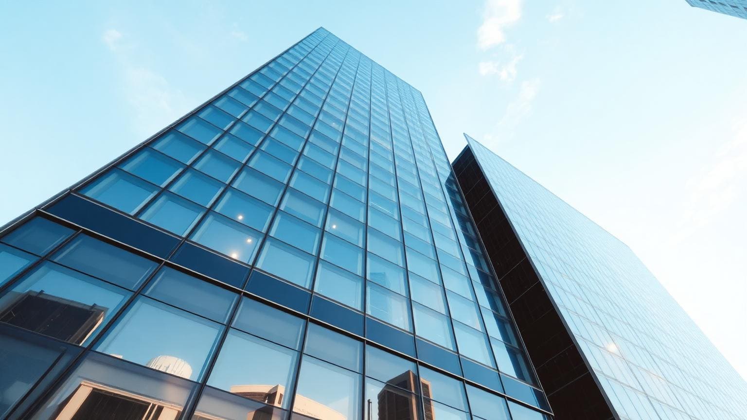 A modern glass office tower seen from street level looking up into a blue sky.