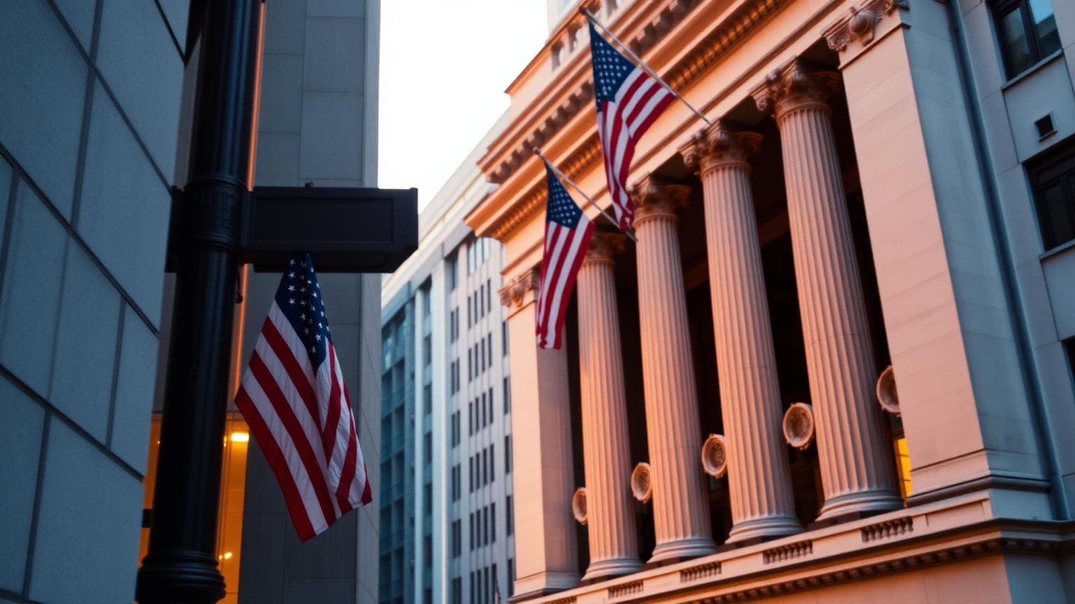 Classical Wall Street style building facade at dawn with the American flag.