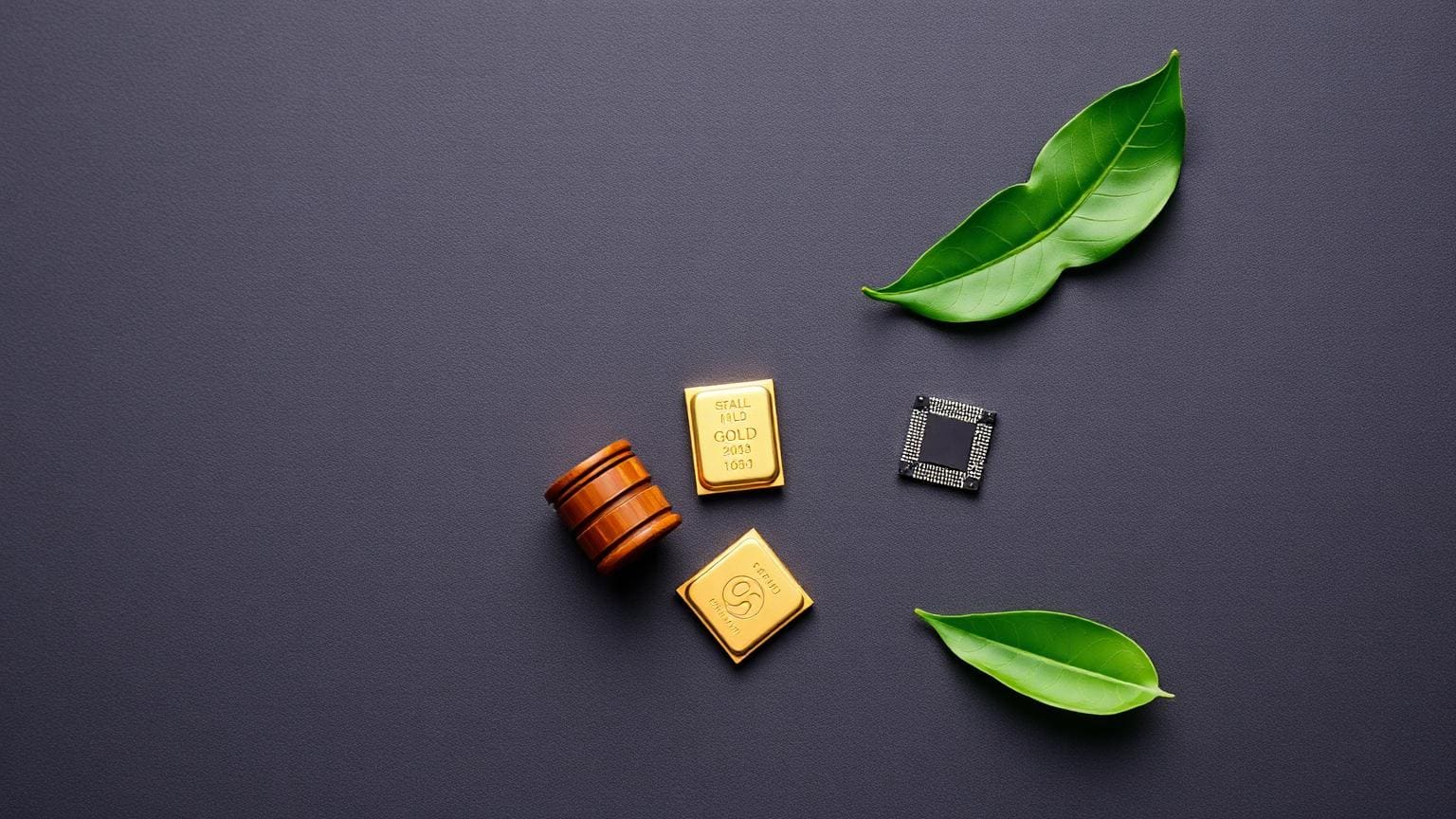 A flatlay of small objects representing different industries arranged on a slate background.
