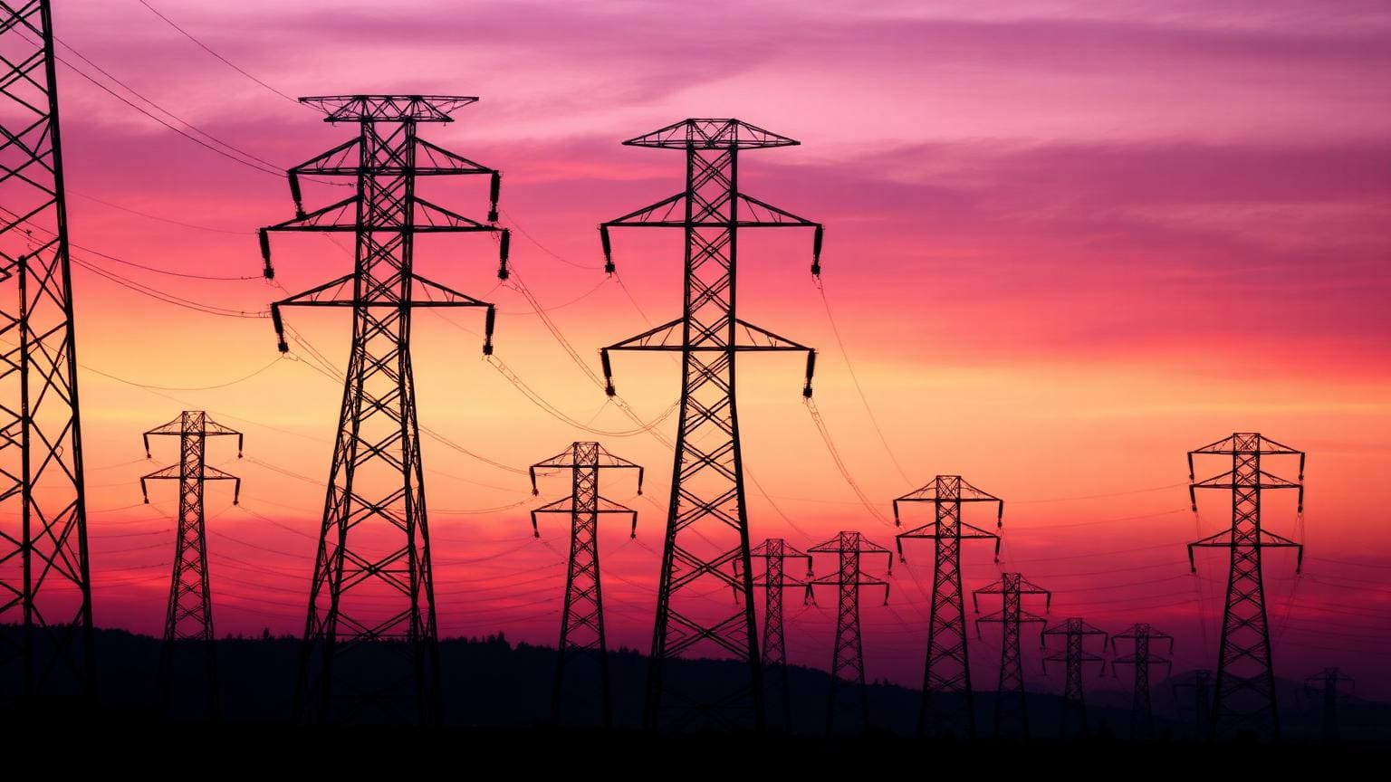 High-voltage electricity transmission pylons silhouetted at dusk.