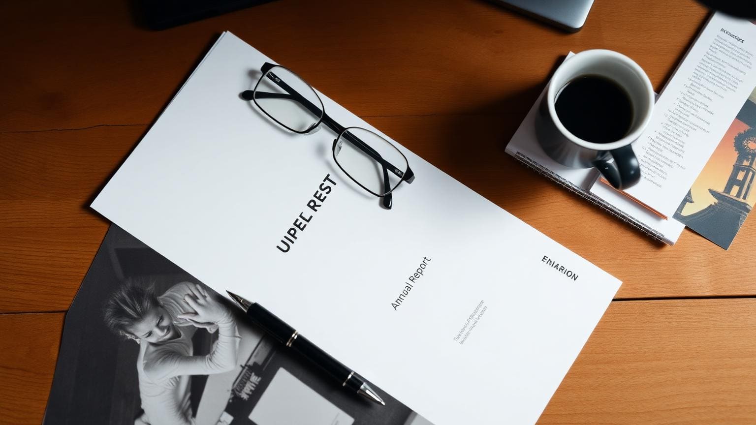 An annual report, reading glasses and a coffee cup arranged on a wooden desk in soft daylight.