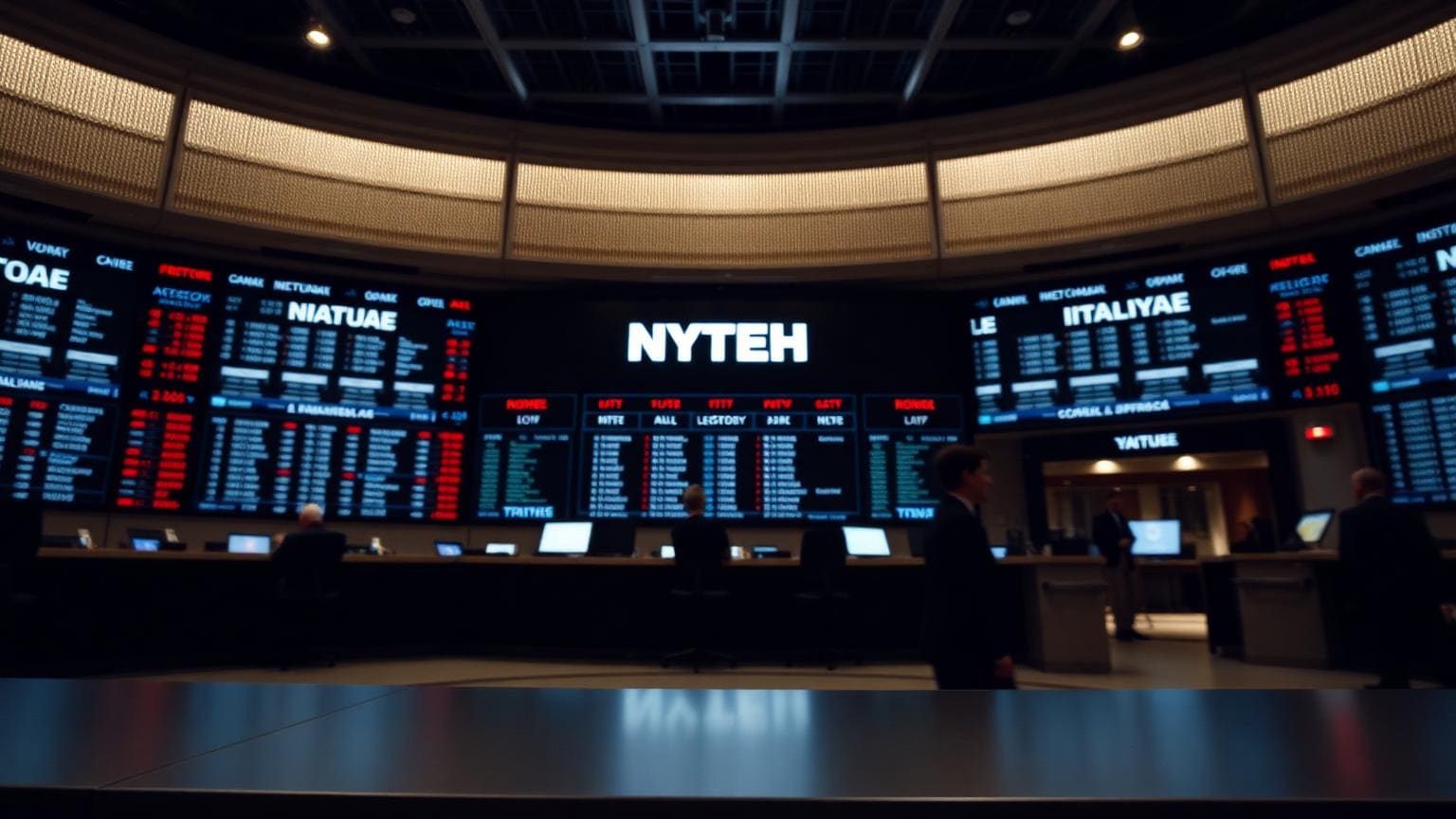 A modern trading floor with electronic ticker boards in the background.