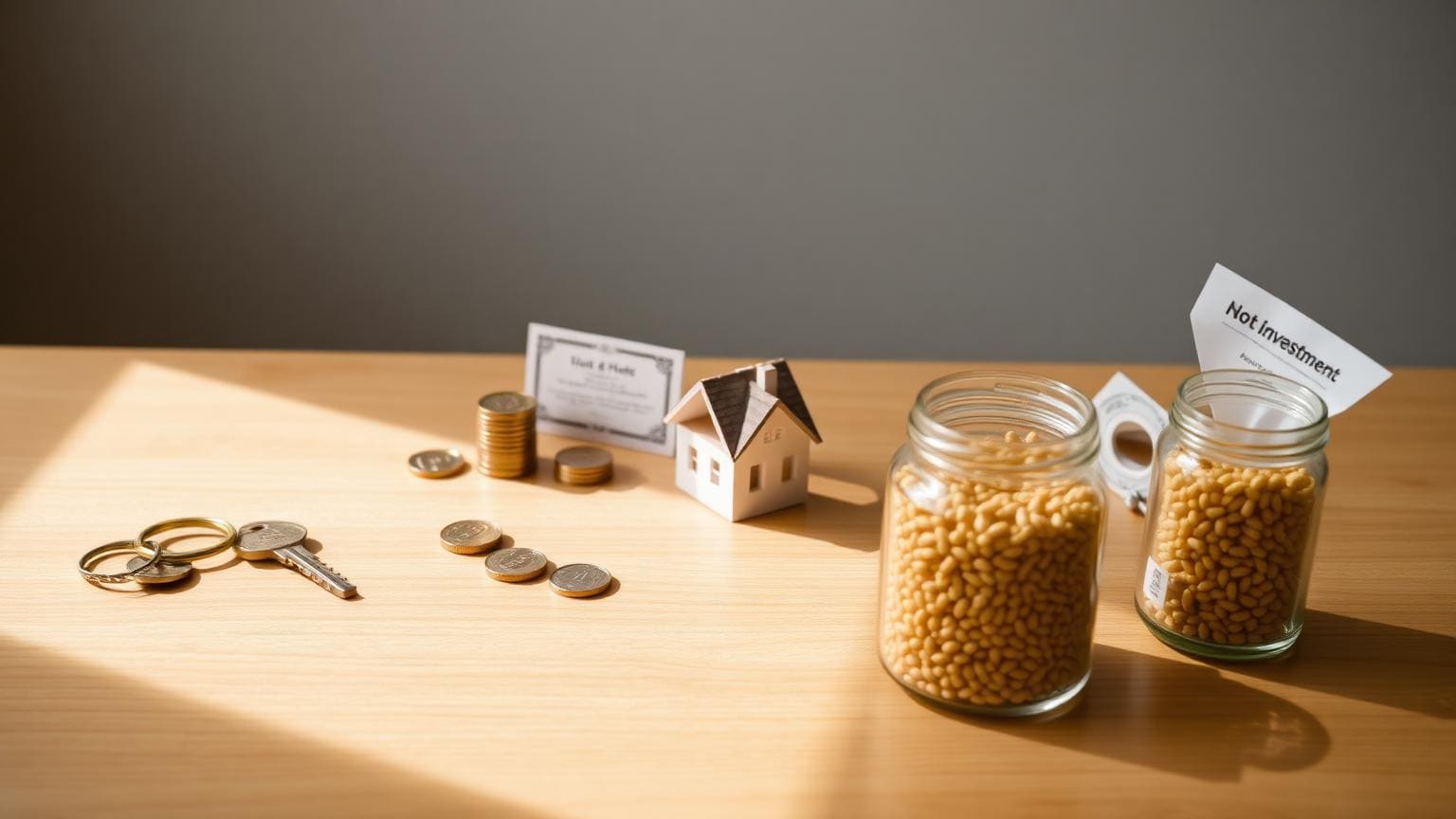 A wooden desk in soft daylight with small objects representing different investments — coins, a tiny house, a paper certificate and a jar of grain.